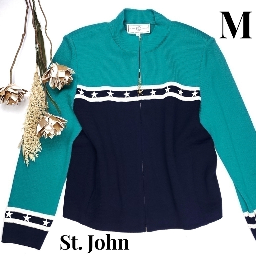 🔴 St. John Sport Marie Gray Navy Turquoise White Sweater Cardigan Blazer